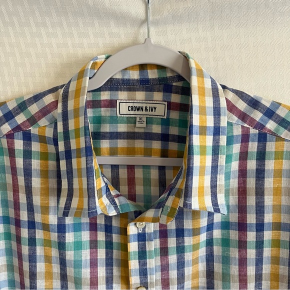 Crown & Ivy Linen Plaid Short Sleeve Button Up Shirt Multicolor Plaid Size XL - Picture 3 of 8